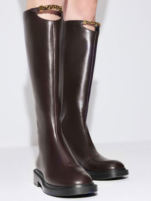 Chain-Link Cut-Out Knee-High Boots, Dark Brown, hi-res
