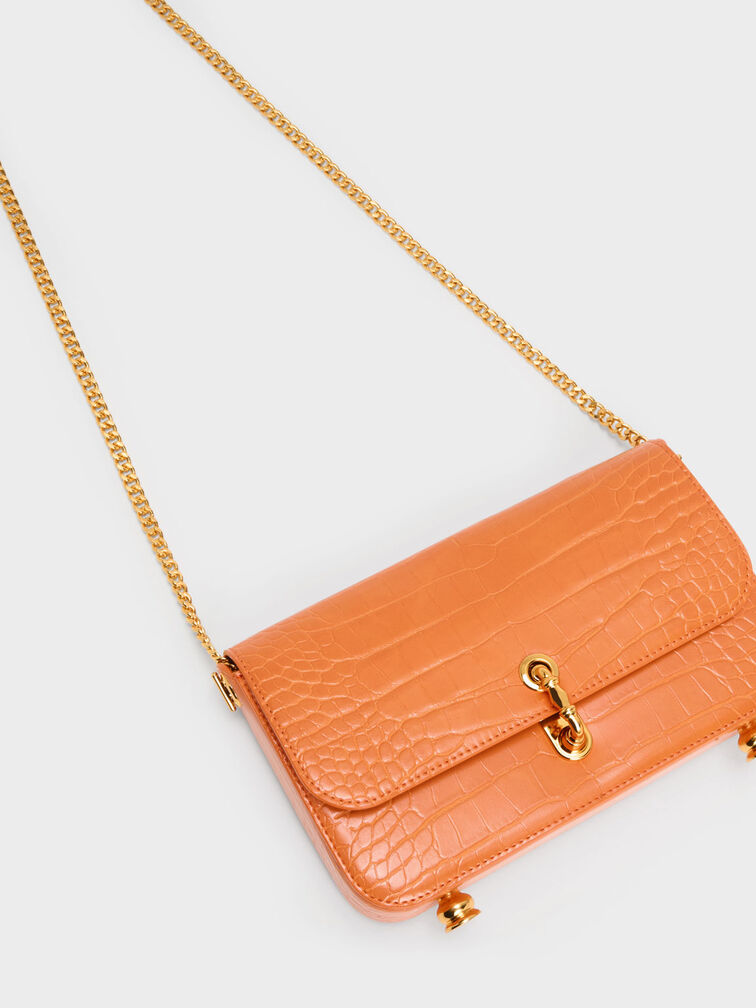 Meriah Croc-Embossed Clutch, Orange, hi-res