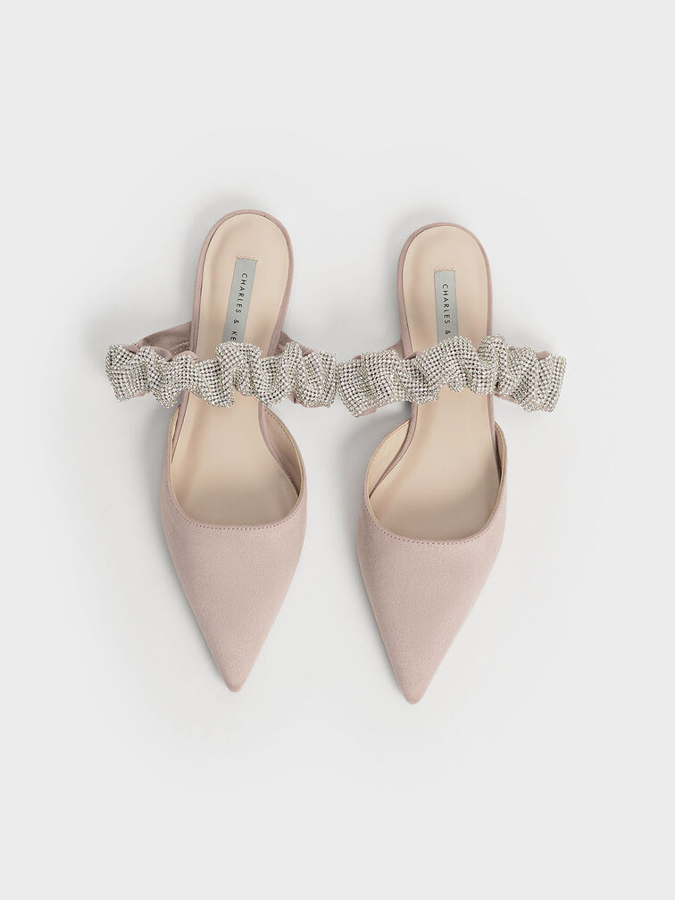 Nude Gem-Encrusted Ruched Strap Textured Mules - CHARLES & KEITH 