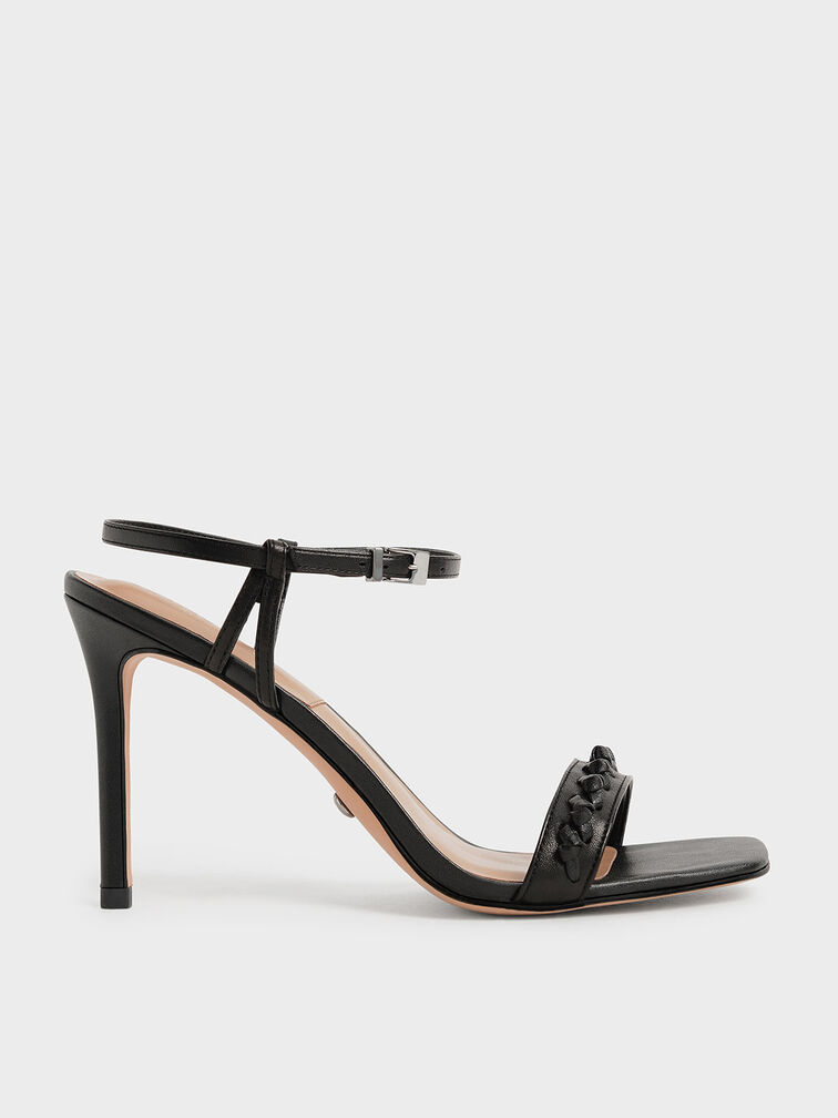 Leather Weave Detail Stiletto Sandals, Black, hi-res