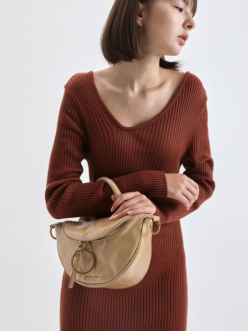 Philomena Wrinkled Patent Semi-Circle Crossbody Bag, Beige, hi-res