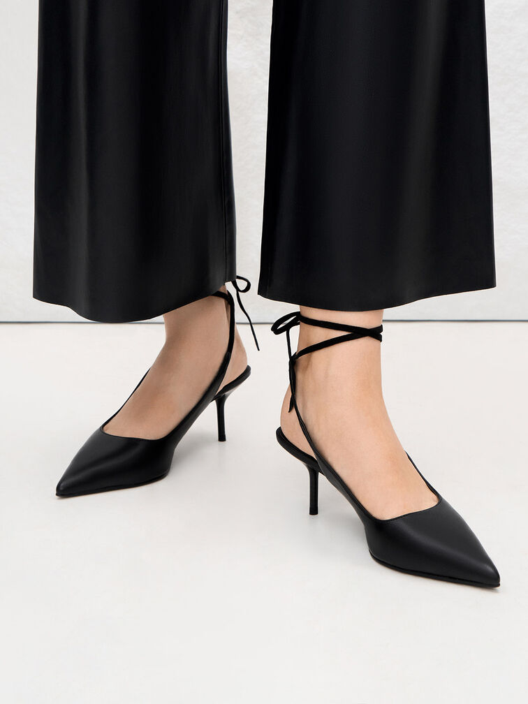 Textured Tie-Around Pointed-Toe Pumps, Black, hi-res