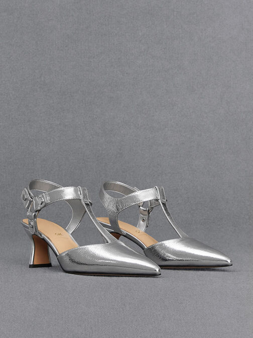 Leather Metallic Buckled T-Bar Pumps, Silver, hi-res