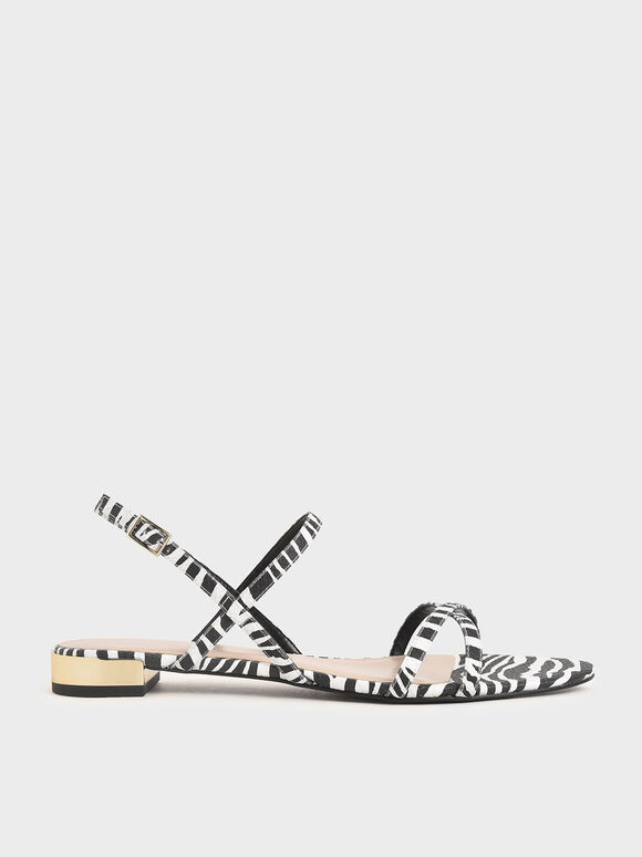 Zebra Print Strappy Flat Sandals, Animal Print Natural, hi-res