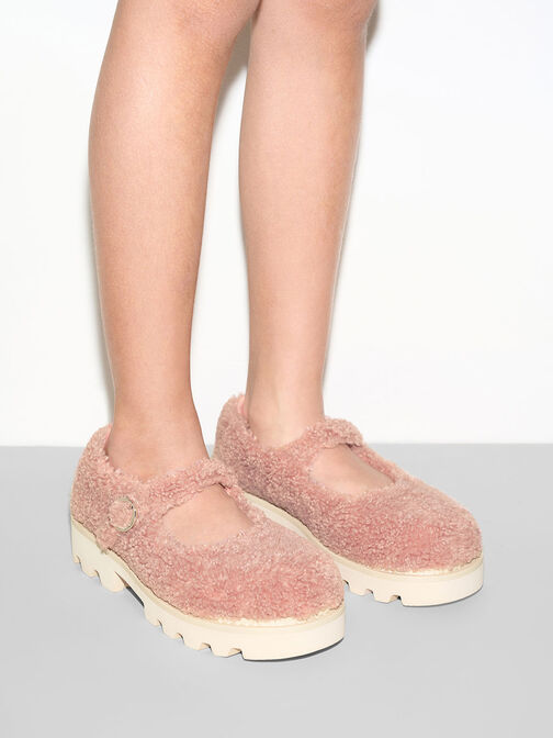 Girls' Furry Platform Mary Janes, Pink, hi-res