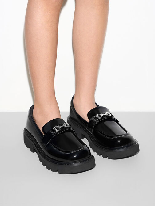 兒童厚底金屬釦樂福鞋, 亮面黑, hi-res