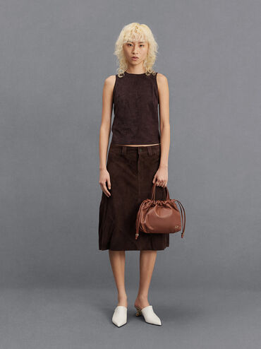 Leather Ruched Drawstring Bag, Cognac, hi-res