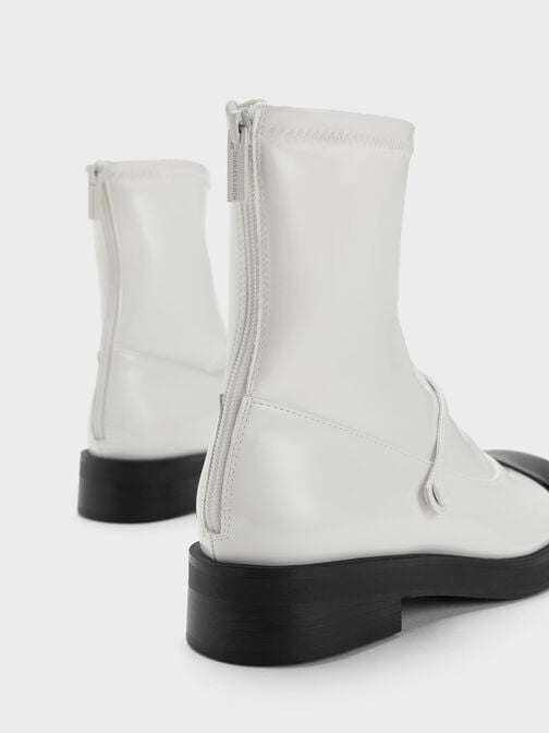 Front-Strap Two-Tone Ankle Boots, White, hi-res