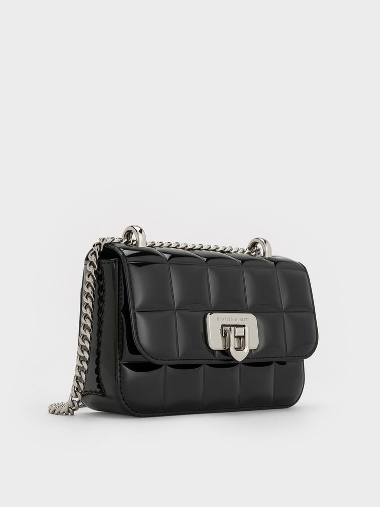 Patent Square-Quilted Chain-Handle Bag, Noir, hi-res
