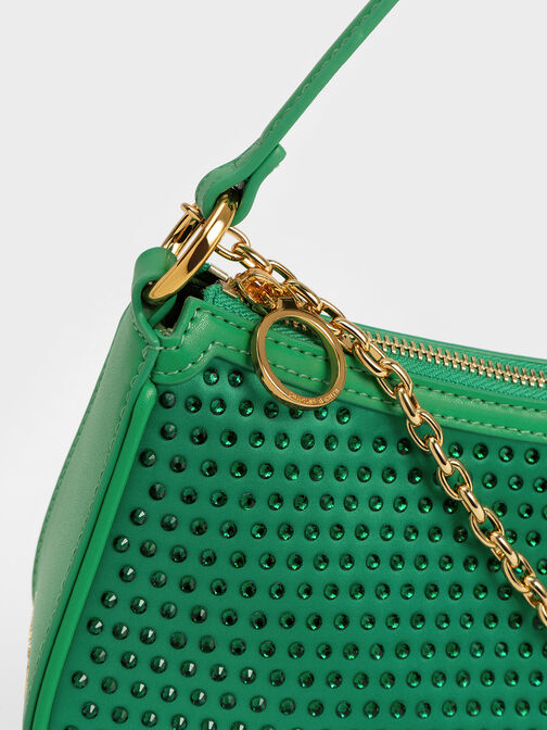 Crystal-Embellished Satin Shoulder Bag, Green, hi-res