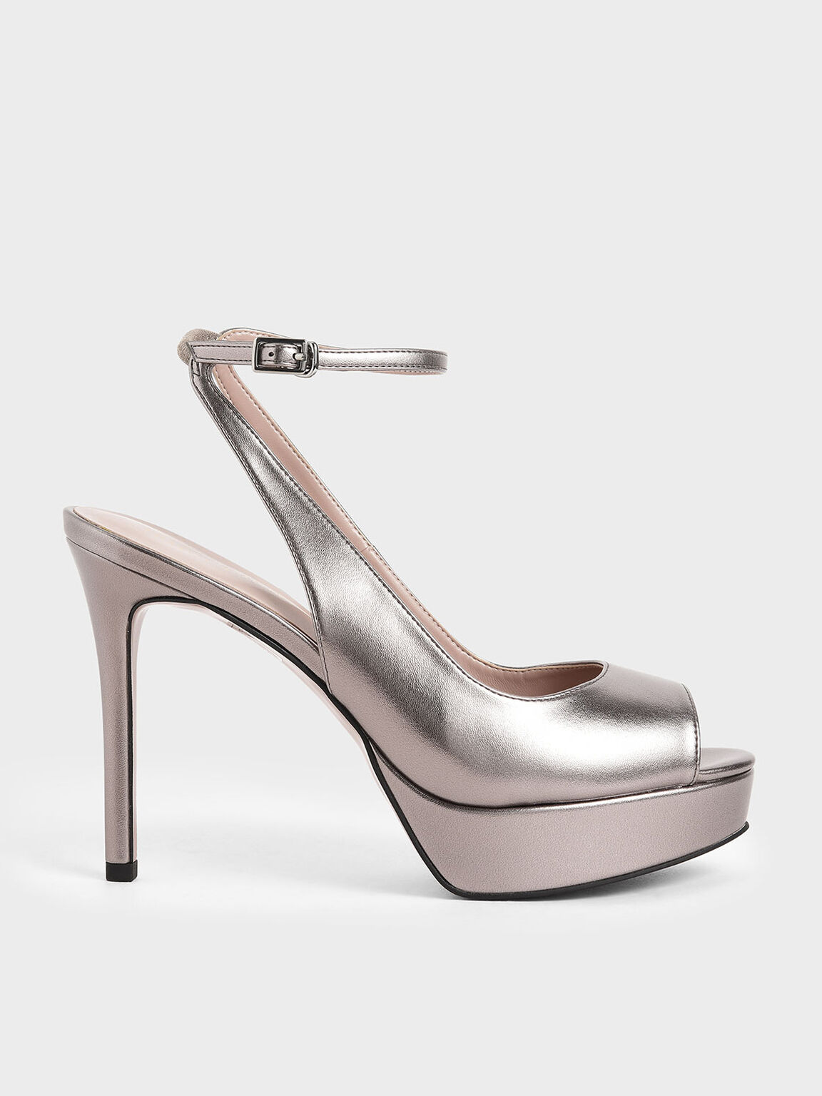 Pewter Metallic Ankle Strap Platform Heels | CHARLES & KEITH US
