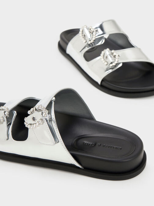 Embellished Buckle Metallic Sandals, Silver, hi-res