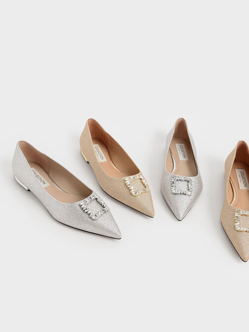 金蔥寶石方釦平底鞋, 銀色, hi-res