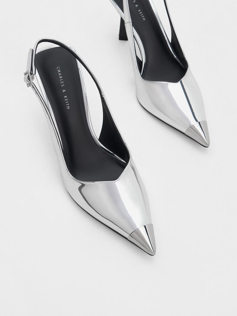 Metallic Cap Pointed-Toe Slingback Pumps, Silver, hi-res