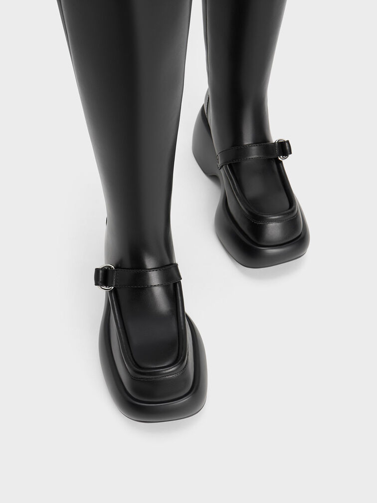 Buckled Platform Knee-High Boots, Black, hi-res