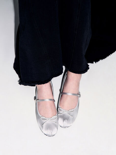 Satin Bow Mary Jane Flats, Silver, hi-res