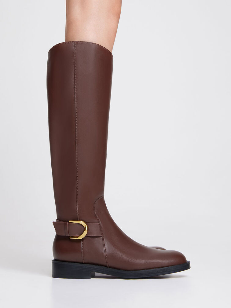 Brown Gabine Leather Knee-High Boots - CHARLES & KEITH US