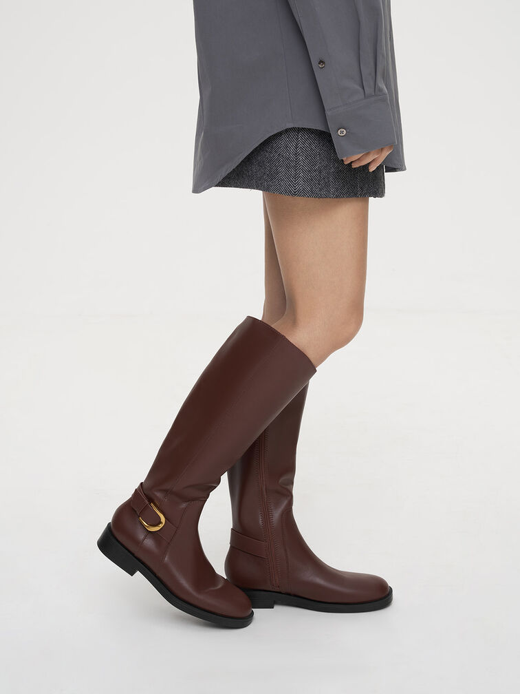 Brown Gabine Leather Knee-High Boots - CHARLES & KEITH US