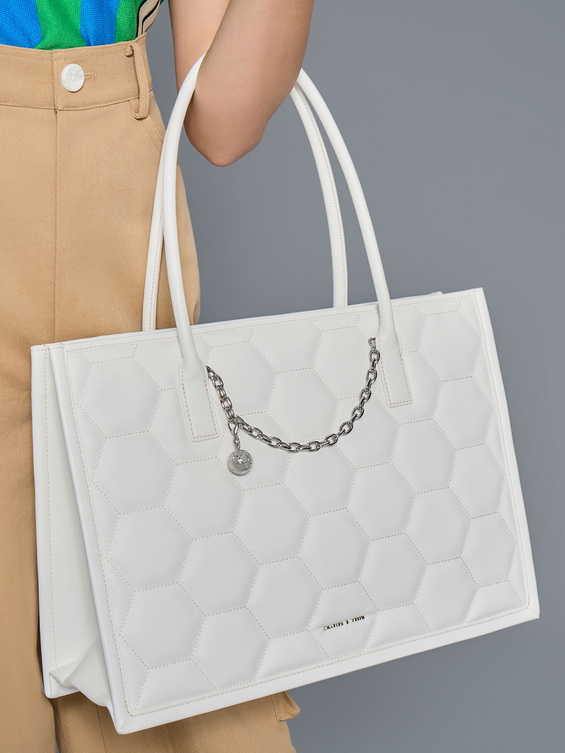 Geometric Quilted Tote Bag, White, hi-res