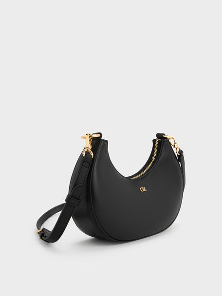 Leather Crescent Hobo Bag, Black, hi-res