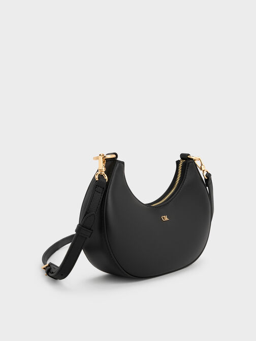 Leather Crescent Hobo Bag, Black, hi-res
