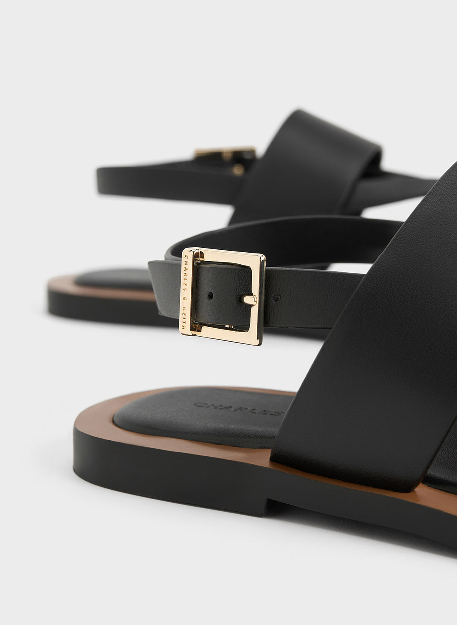 Black Toe-Ring Crossover-Strap Sandals - CHARLES & KEITH International