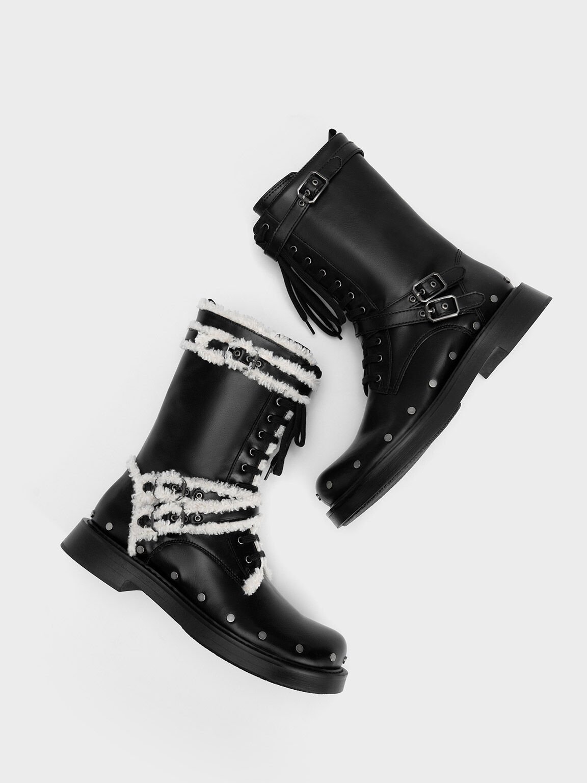 Black Textured Fur Trim Studded Buckled Combat Boots CHARLES