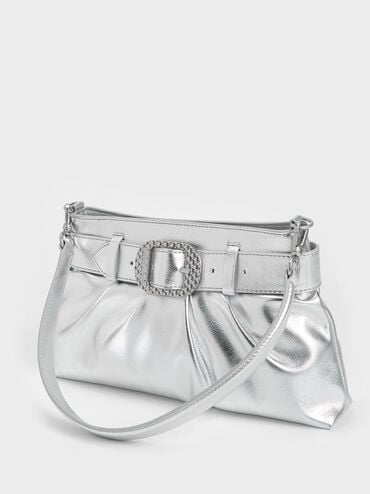 Avis Metallic Belted Ruched Shoulder Bag, Silver, hi-res