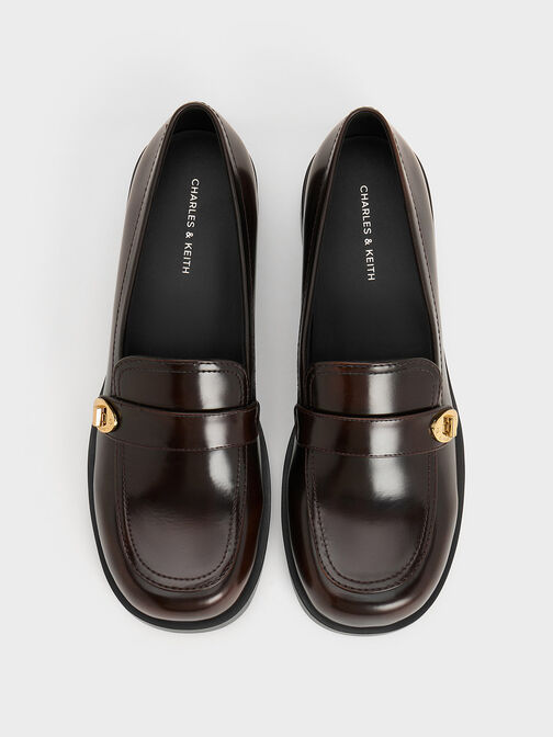 Metallic-Buckle Strap Loafers, Brown, hi-res