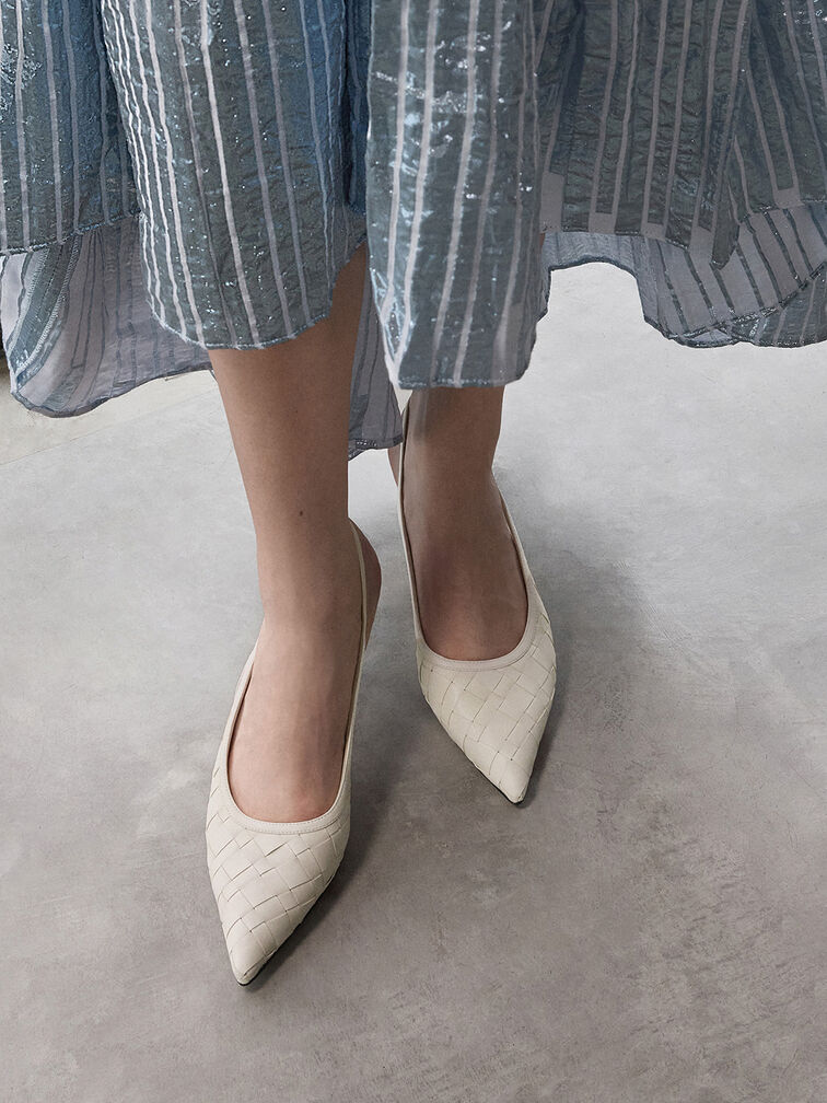 Ivette Woven Pointed-Toe Slingback Pumps, Chalk, hi-res
