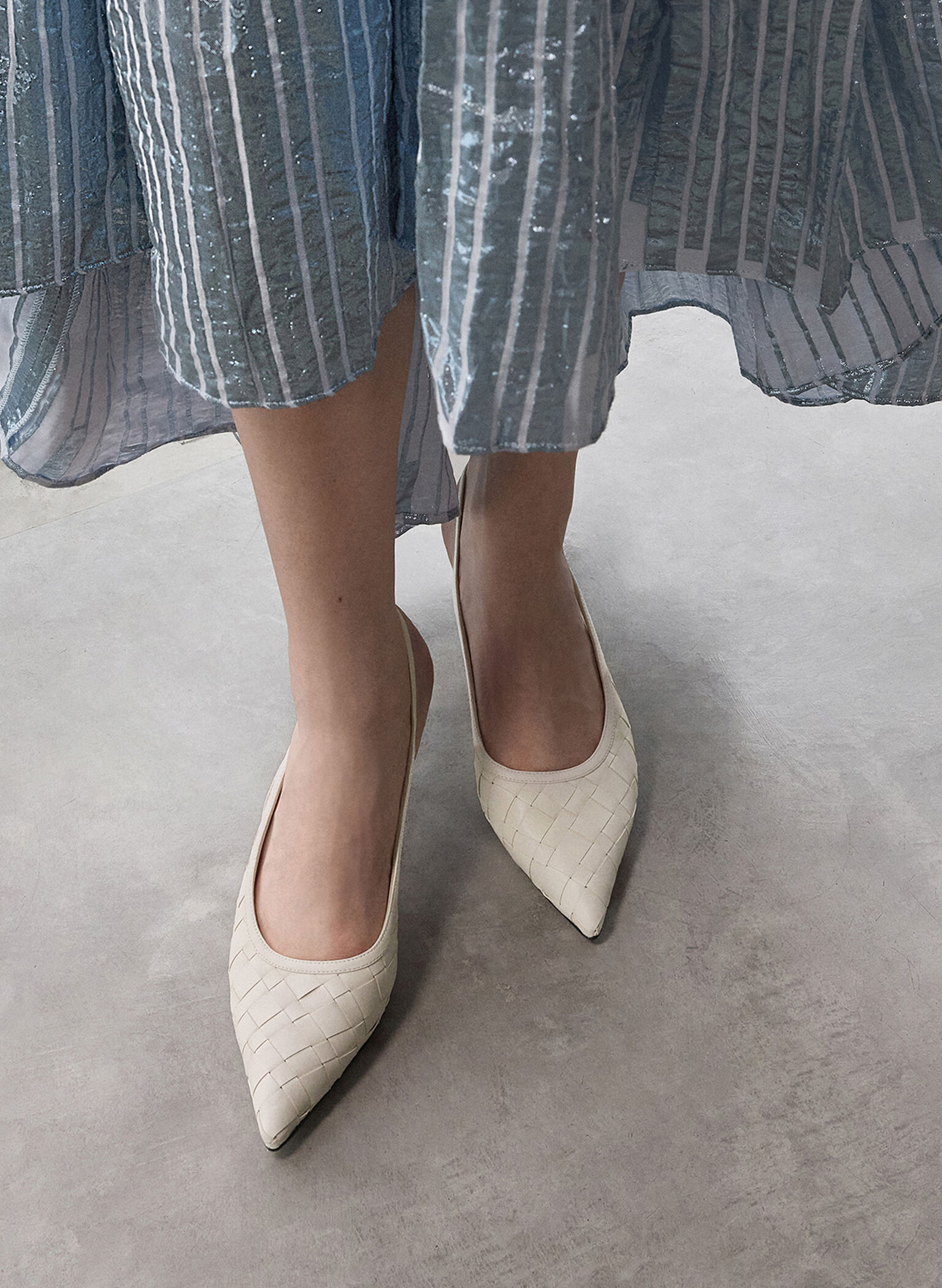 Ivette Woven Pointed-Toe Slingback Pumps, Chalk, hi-res