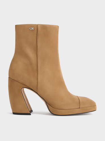 Botines Jyll de ante con tacón escultural, Caramelo, hi-res