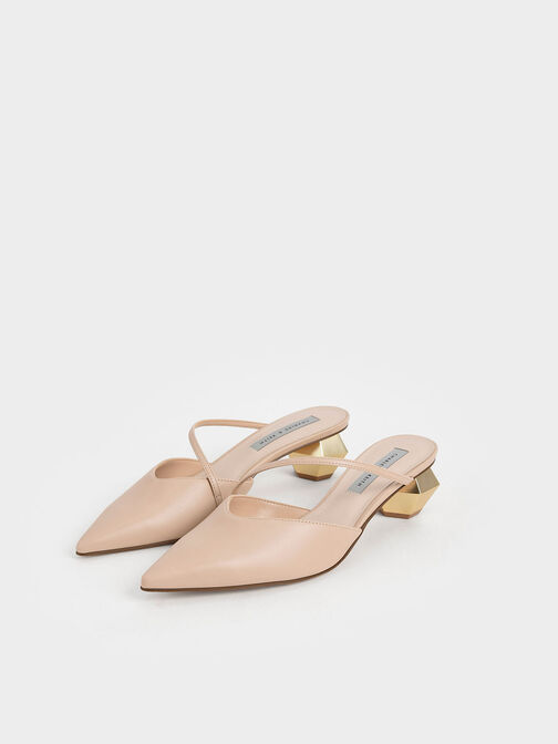 Asymmetric Strap Chrome Heel Mules, Light Pink, hi-res