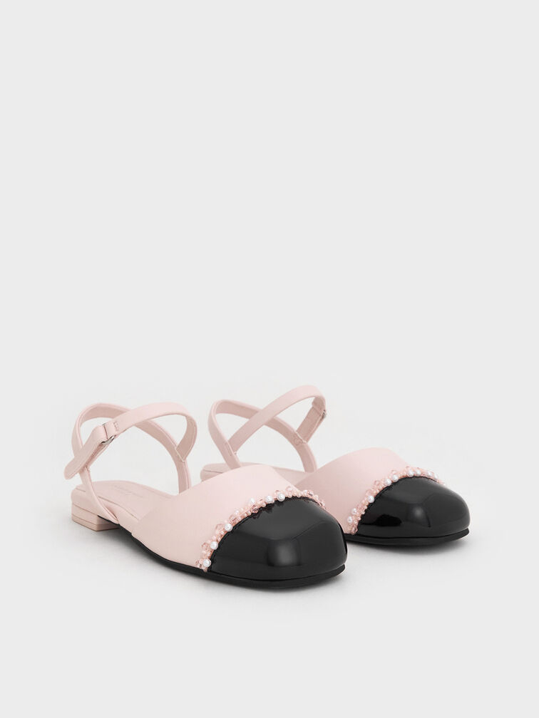 Girls' Pearl-Embellished Cap-Toe Ankle-Strap Flats, Light Pink, hi-res