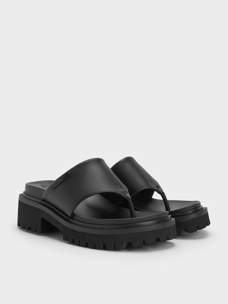 Padded Ridged-Sole Thong Sandals, Black, hi-res