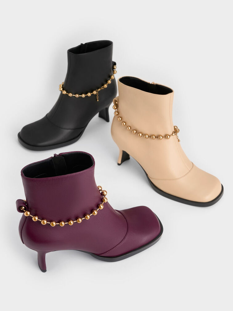 Beaded-Link Leather Ankle Boots, Black, hi-res