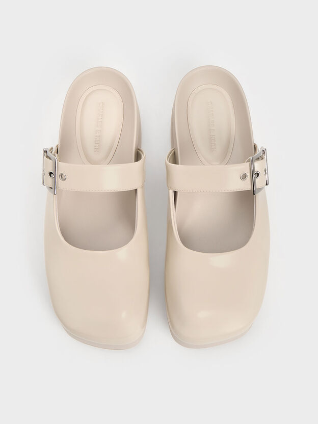 Buckle-Strap Flatform Mules, Chalk, hi-res