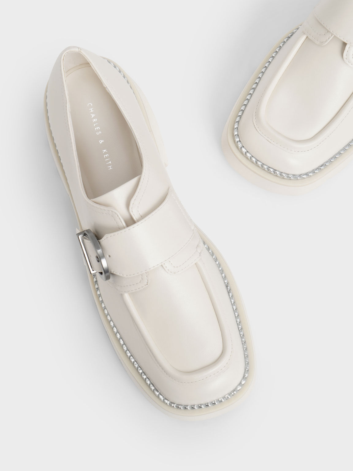 Buckled Chain-Trim Loafers, Chalk, hi-res
