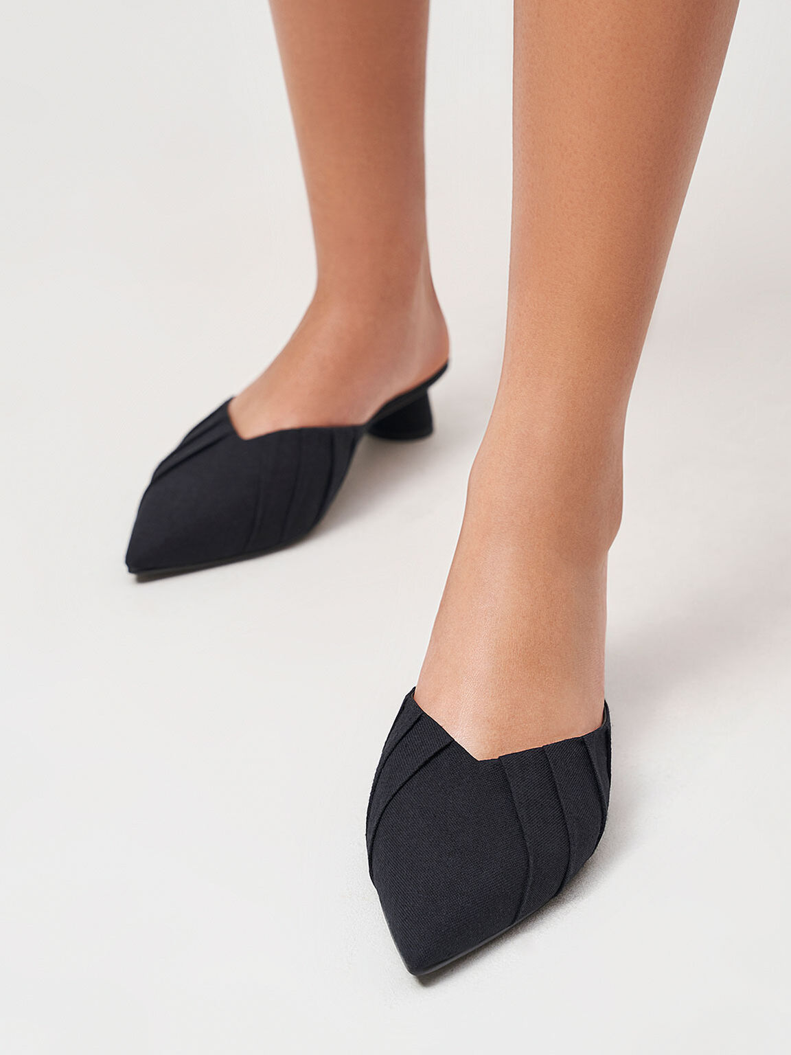 Linen Ruched Cylindrical Heel Mules, Black, hi-res