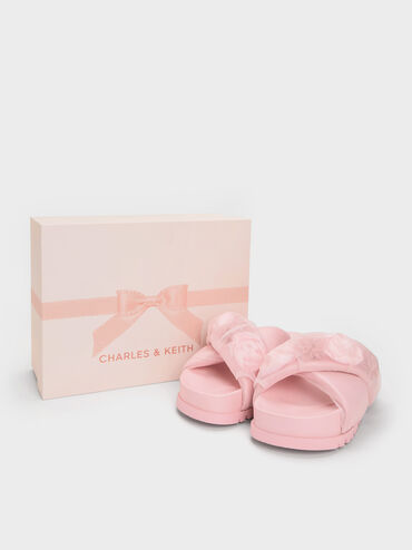 Satin Flower-Applique Crossover Sandals, Light Pink, hi-res