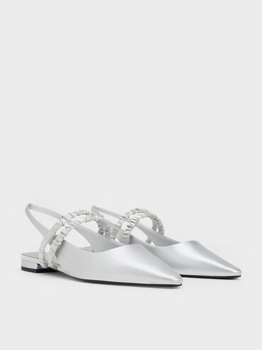 Bailarinas Mary Janes metalizadas con tira arrugada, Plateado, hi-res