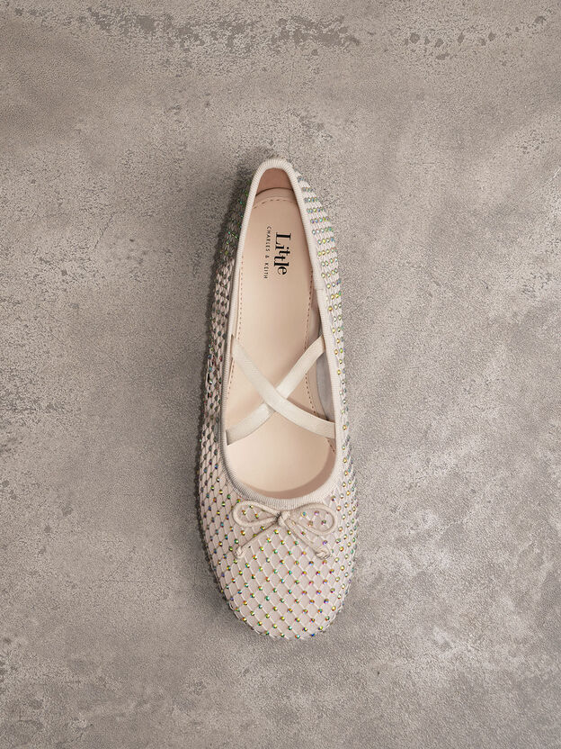 Girls' Mesh Crystal Crossover Ballet Flats, Cream, hi-res