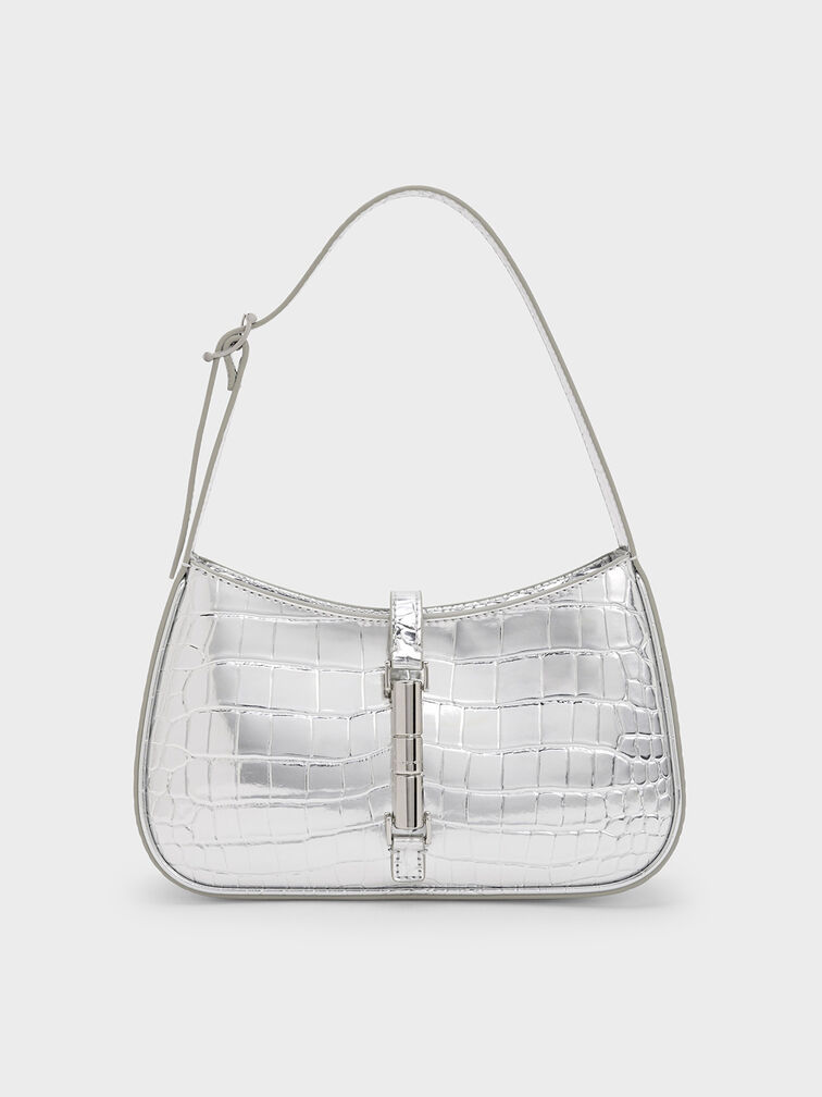 Cesia Croc-Effect Metallic-Accent Shoulder Bag, Silver, hi-res