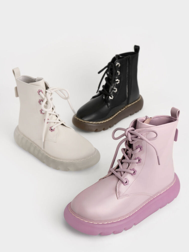 Girls' Patent Lace-Up Boots, Lilac, hi-res