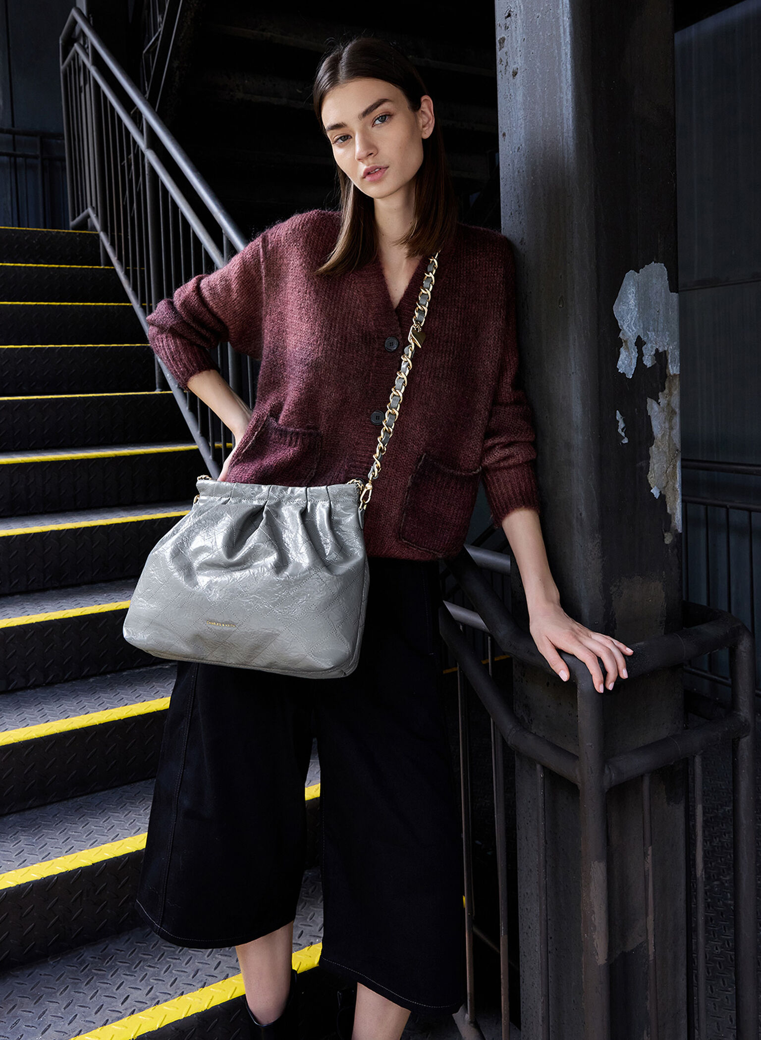Duo Double Chain Hobo Bag, Grey, hi-res