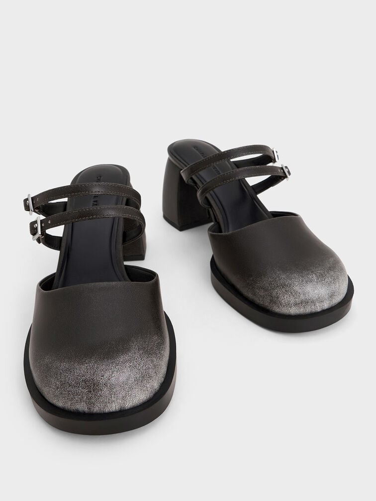 Double-Strap Platform Mules, Black, hi-res