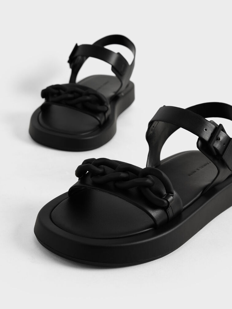 Chunky Chain-Link Ankle-Strap Padded Sandals, Black, hi-res