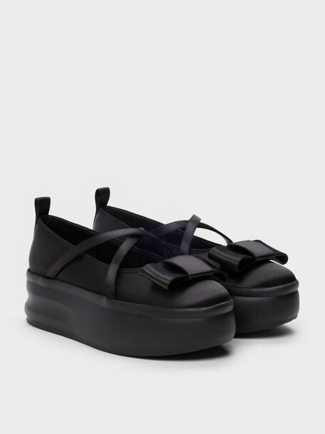 Brantley Bow Platform Mary Janes, Black Textured, hi-res