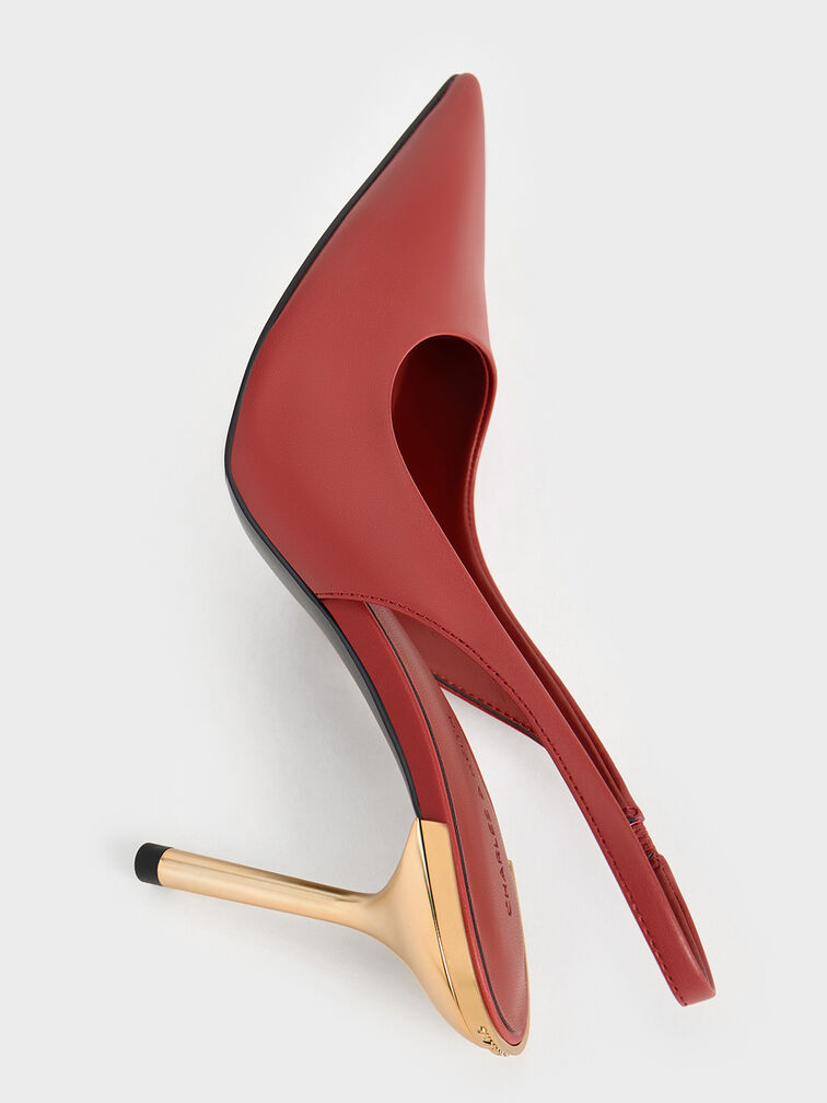 Zapatos destalonados metálicos de punta afilada con tacón de aguja, Rojo ladrillo, hi-res