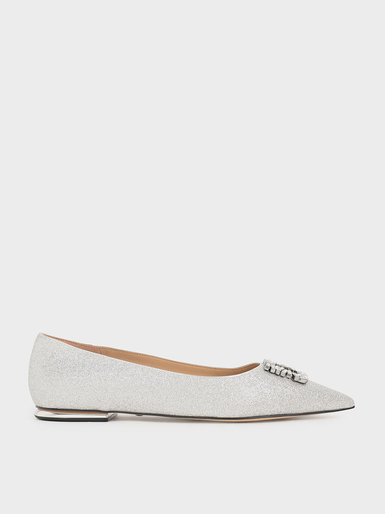 Glitter Gem-Embellished Ballerina Flats, Silver, hi-res
